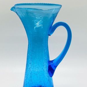Vintage Hand Blown Blue Crackle Glass pitcher Vase
